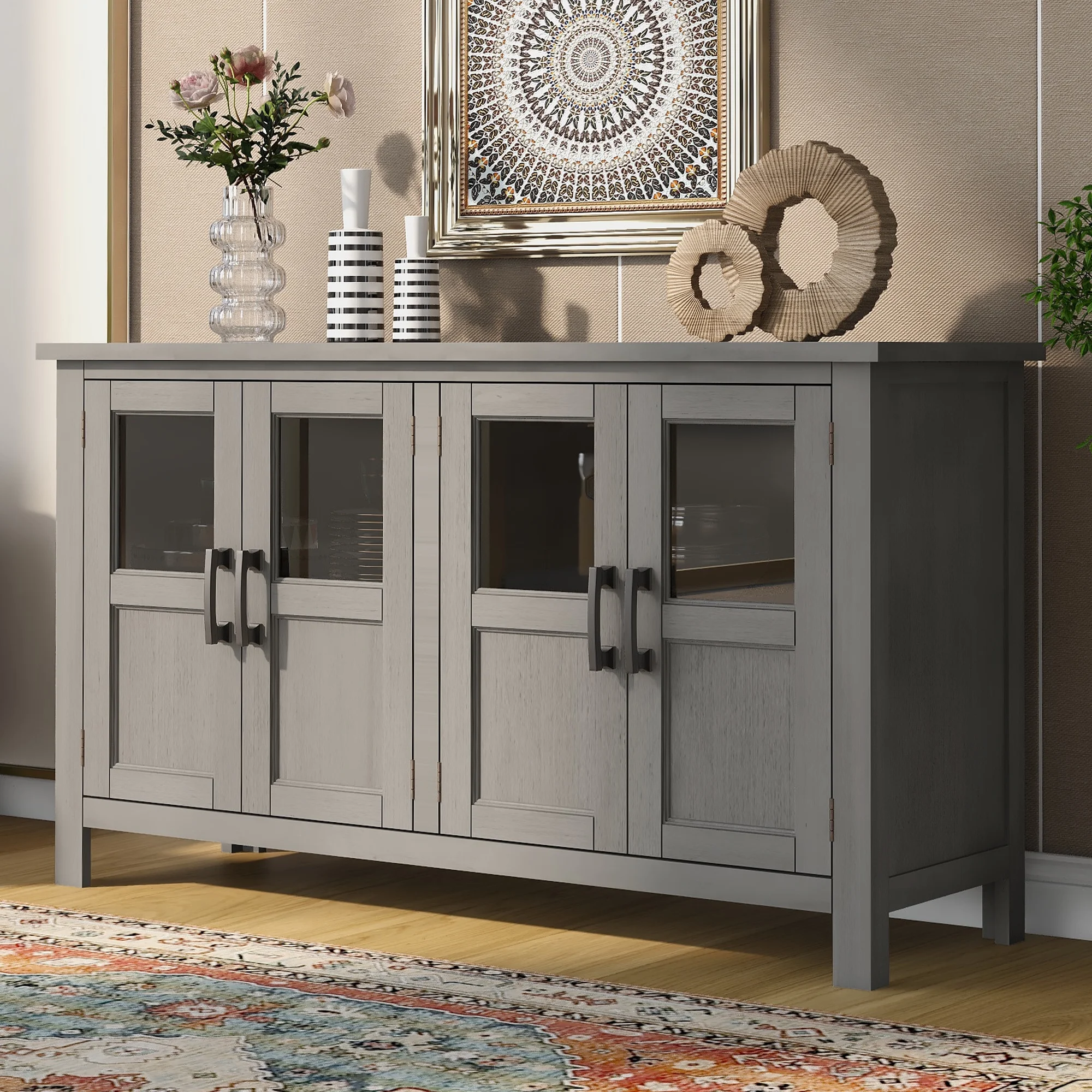 EUROCO 51'' Sideboard Cabinet, Acacia Solid Wood Buffet Cabinet with 4 doors, Tempering Glass, Adjustable Shelf and Metal Handles, for Entryway, Living Room, Bedroom,Natural