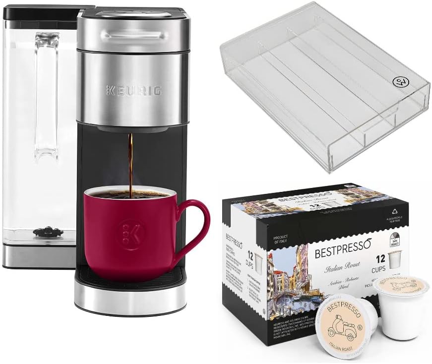 Keurig K-Supreme Plus Single Serve Coffee Maker (Stainless Steel) Bundle with 12-Count Single Serve Italian Roast K-Cup Set and Pod Organizer (3 items)