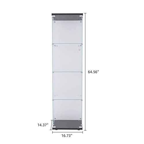 Glass Display 4-Shelf,Curio Cabinets with Door,Floor Standing Bookshelf,Easy Assembly,for Bedroom Living Room Office,Black (17.00