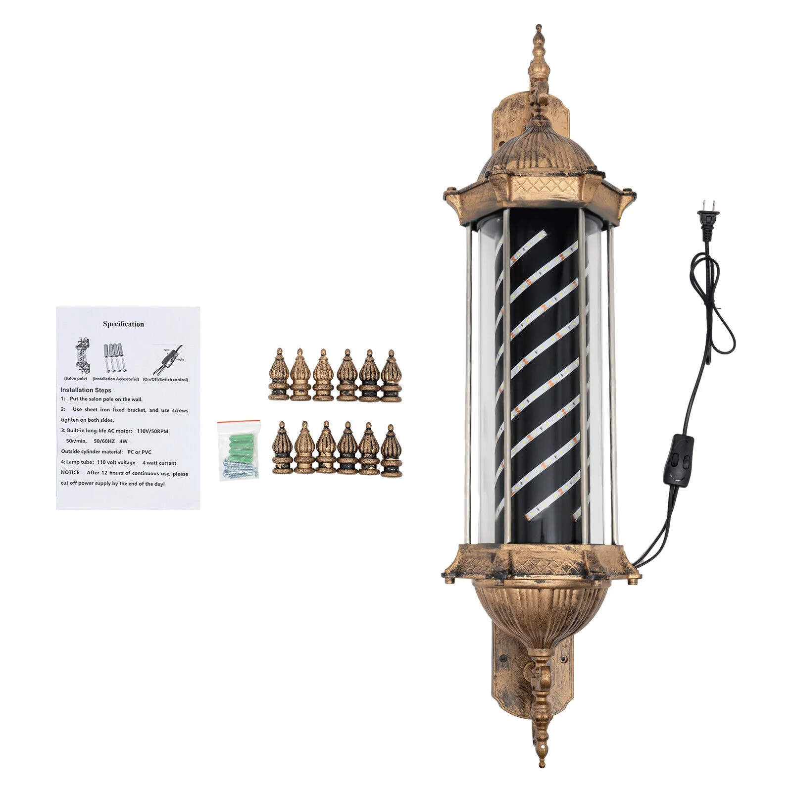 18W Barber Shop Pole Rotating Light Hair Salon Golden Red+White+Blue LED Stripe Sign