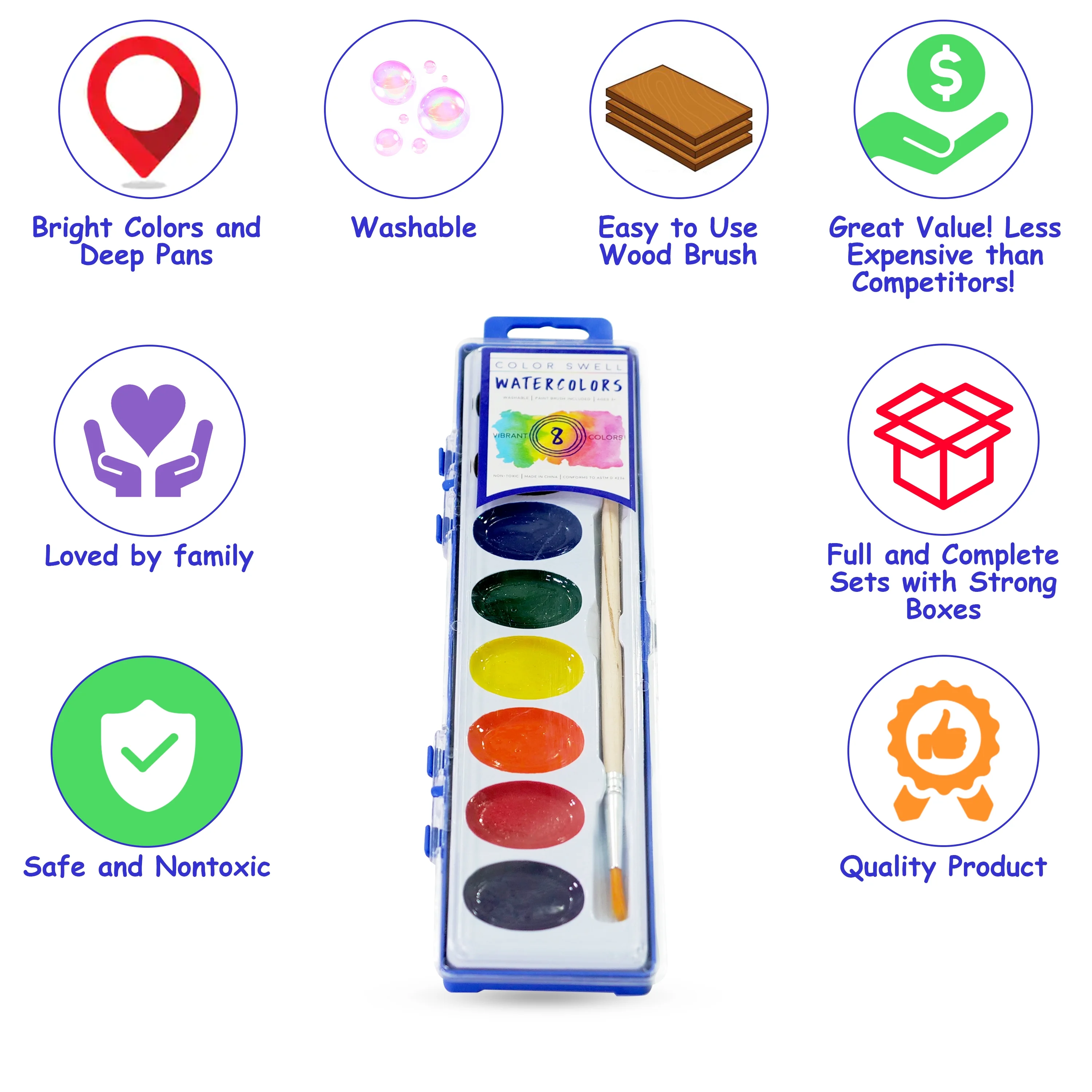 Color Swell Bulk Watercolor Paint Packs and Quality Wood Brushes, 18 packs, 8 Washable Colors per pack