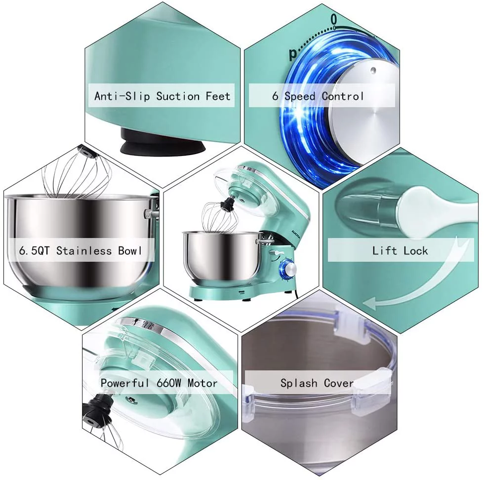 Aucma Stand Mixer,6.5-QT 660W 6-Speed Tilt-Head Food Mixer, Kitchen Electric Mixer with Dough Hook, Wire Whip & Beater (6.5QT, Blue)
