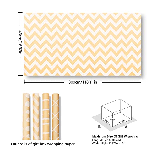 Brown Recyclable Kraft Gift Wrapping Paper 4 Rolls 17 Inch X10 Feet Per Roll with Stripe Dots Waves Pattern 3D White Printed Kraft Recycled Paper for Holidays, Weddings, Birthday, Winter Solstice