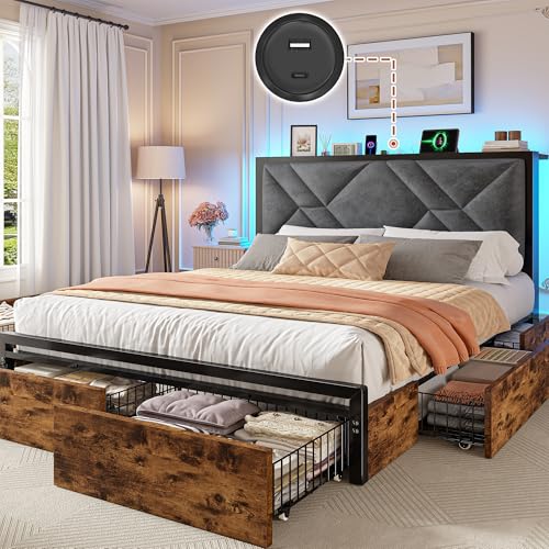 EnHomee Queen Bed Frame with 6 Storage Drawers and LED Lights, Bed Frame Queen Size with Upholstered Headboard Built in Charging Station,Noise-Free,Easy Assembly, Vintage Brown