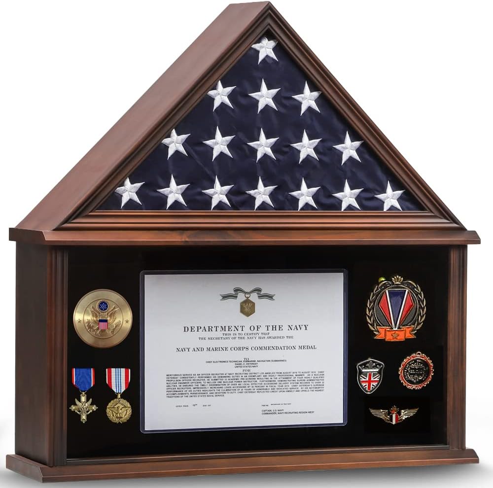 Zmiky Large Burial Flag Display Case American Flag Solid Wood Display Case Fits a 5 X 9.5 Flag Folded Military Shadow Box Flag Display Case with Certificate Holder Walnut Finish