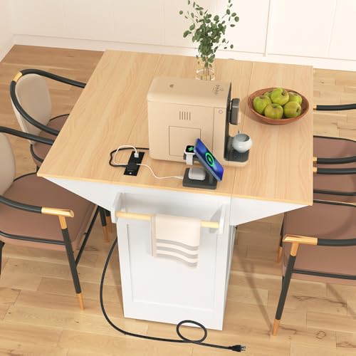 Rolling Kitchen Island with 2 Drop Leaf and Power Outlet, Island Table on Wheels with Towel Rack and Spice Rack, Kitchen Cart with Storage Cabinet and Drawers (White)