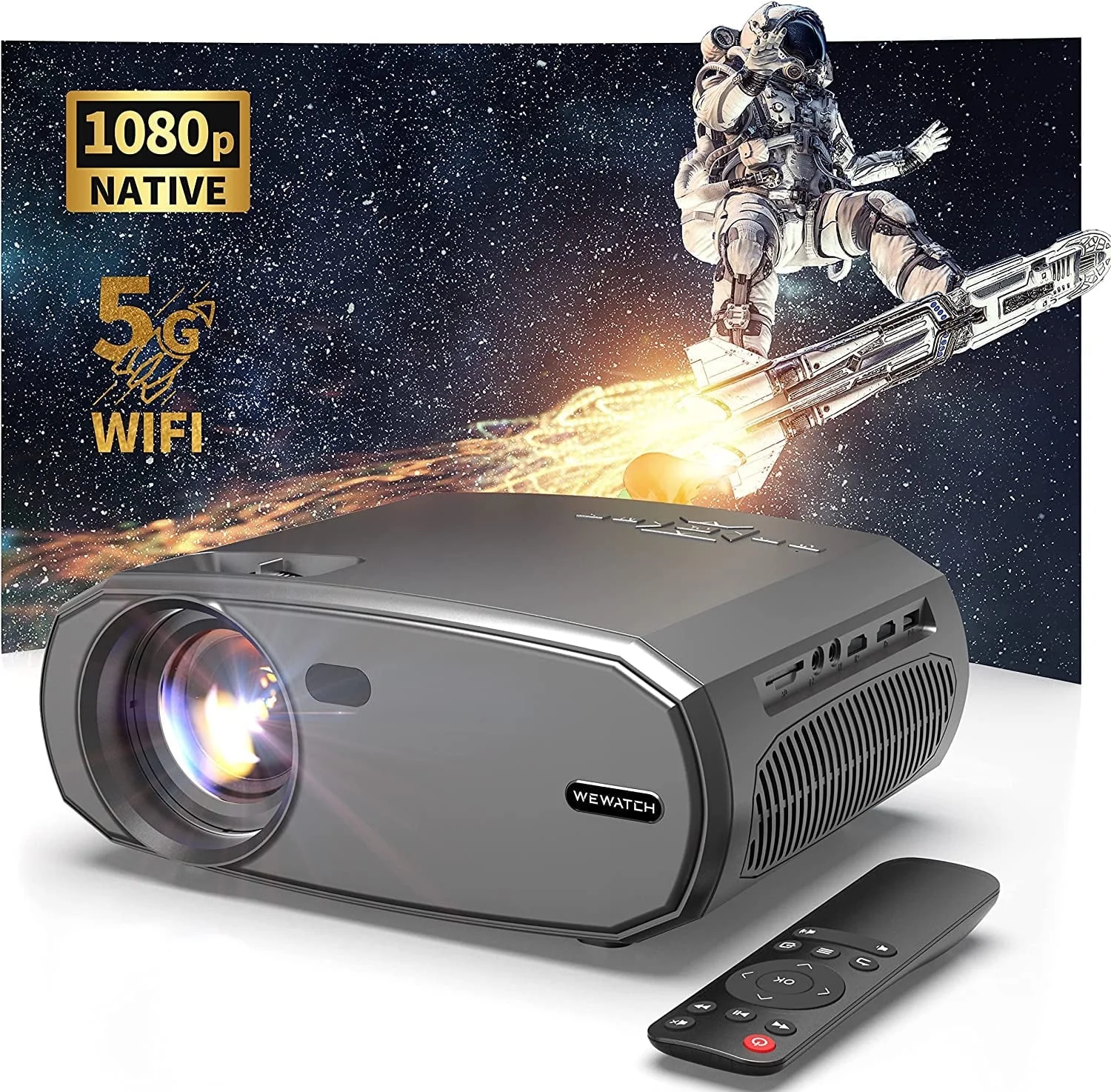 WEWATCH 15000 Lumens Outdoor Movie Projector with 5G WiFi Bluetooth, Keystone Correction & 100% Zoom, 230 ANSI Lumen 1080P Projector, Portable Projector for Home Theater, TV Sticker, HDMI, VGA, USB