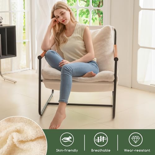 HIGOGOGO Modern Accent Chair, Living Room Chair with Wood Armrests, Shredded Foam Cushion, and Sturdy Metal Frame Reading Chair, Beige