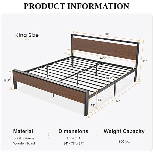 SHA CERLIN 14 Inch Full Size Metal Platform Bed Frame with Wooden Headboard and Footboard, Mattress Foundation, No Box Spring Needed, Large Under Bed Storage, Non-Slip Without Noise, Black Oak