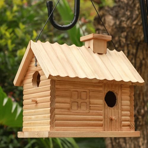 STARSWR Bird House Outside,Outdoor Bird Houses, Natural Wooden Bird Hut Clearance 2 Hole Bluebird Finch Cardinals 2 Rooms Hanging Birdhouse for Garden Viewing