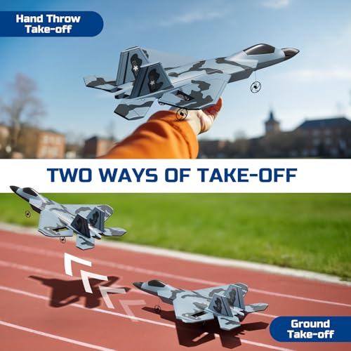 RC Plane, Remote Control Airplane, Drone for Kids and Beginners F-22 Glider Fighter Jet, Ready to Fly 2CH 2.4GHz Flying Toys with LED Lights, 2 Takeoff Modes, Auto Balance, 2 Batteries