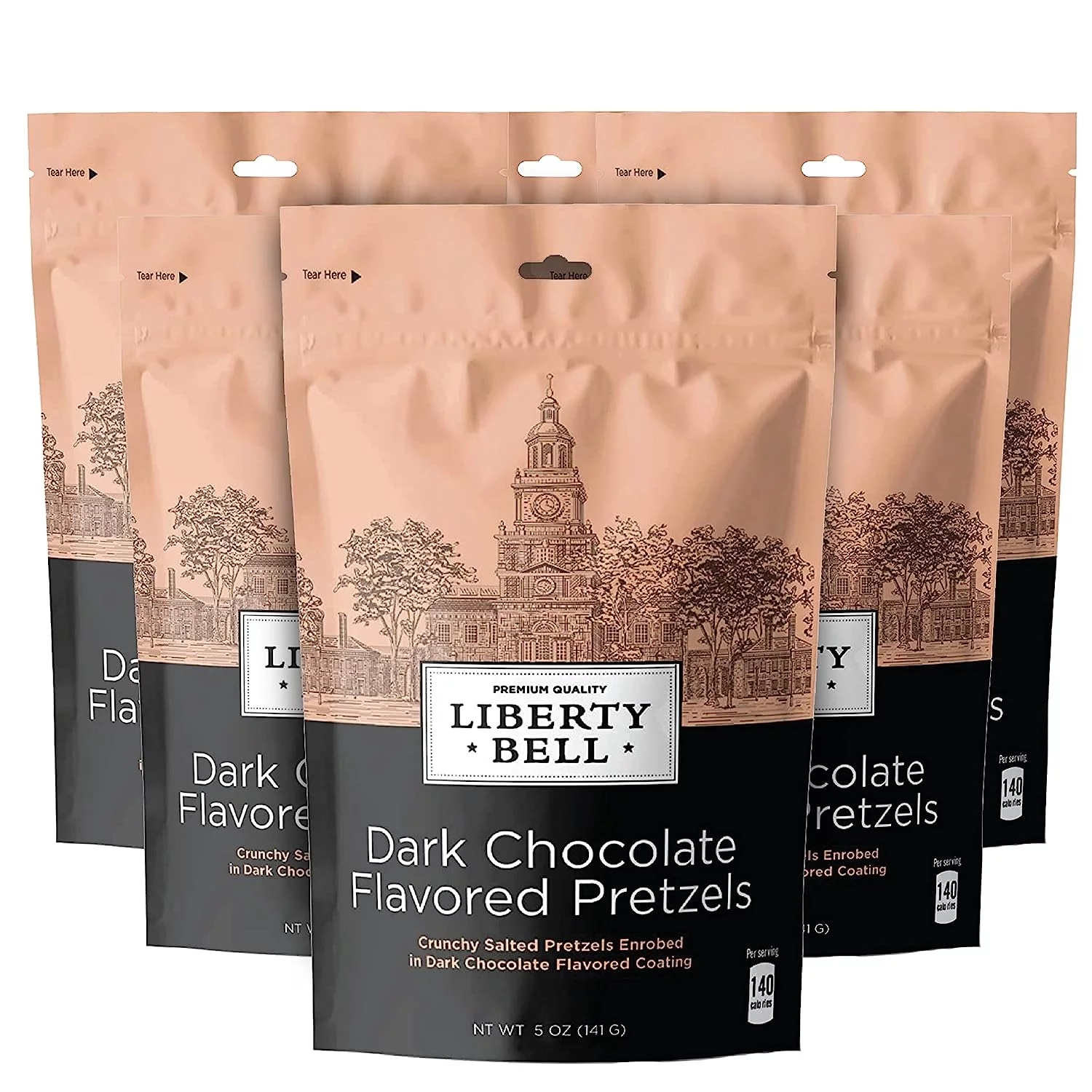 Liberty Bell Dark Chocolate Flavored Pretzels, 5-Ounce Bag (Pack of 6)