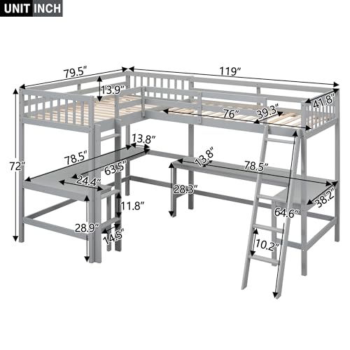 CITYLIGHT L-Shaped Loft Bed with 2 Built-in L-Shaped Desks,Wood Twin Size Loft Bed with Desk Underneath for Kids,Double Loft Beds with Guardrails and Ladders for Boys Girls Teens,Grey