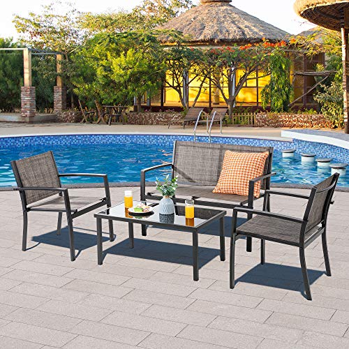 Vongrasig 4 Pieces Patio Furniture Sets,Outdoor Patio Conversation Sets with Glass Coffee Table, Small Porch Balcony Furniture, Patio Table and Chairs Set for Garden, Backyard (Black)
