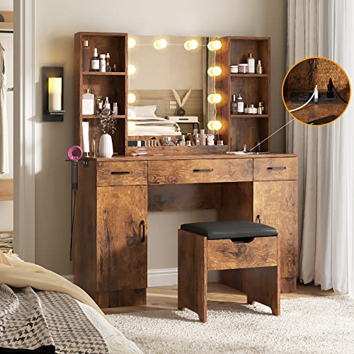 Vabches Makeup Vanity Table with Lighted Mirror & Power Strip, Large Vanity Set Vanity Desk with Lots Storage, 3 Lighting Modes, Brightness Adjustable, 45.2in(L)