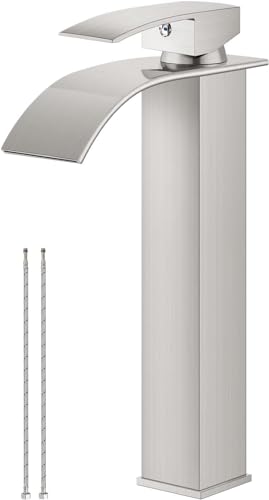 Airuida Brushed Gold Tall Waterfall Bathroom Vessel Sink Faucet Modern Bathroom Vanity Faucet Single Handle Single Hole Farmhouse Bar Mixer Tap Washbasin Faucet Deck Mount