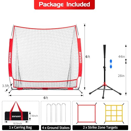 6x6ft Baseball & Softball Net for Hitting,Pitching and Batting, Throwing,Baseball net with Sturdy Bow Frame,Battting Tee,Strike Zone, Middle Size,Suitable for Kids!