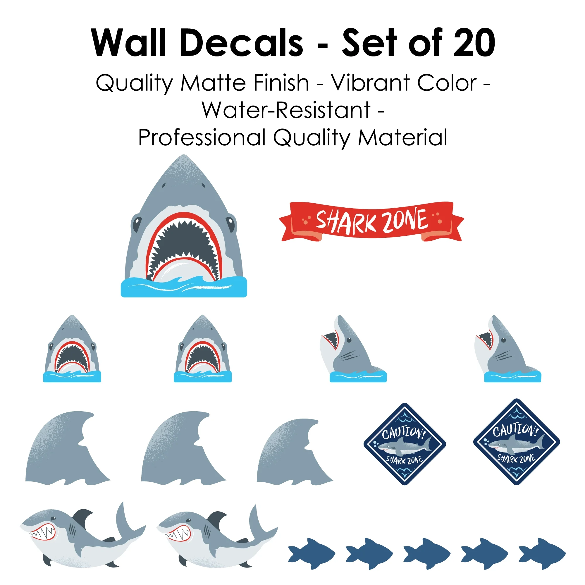 Big Dot of Happiness Shark Zone - Peel and Stick Kids Room Vinyl Wall Art Stickers - Wall Decals - Set of 20