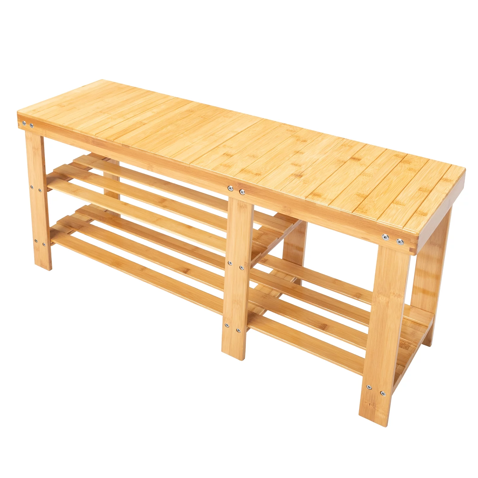 Ktaxon 100% Natural Bamboo Entryway Storage Bench Hallway Shoe Bench with 3-Tier Shoe Shelf Rack Storage Organizer 35.5