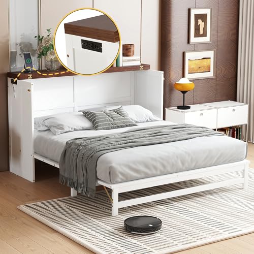 KEIKI Queen Size Murphy Bed with Charging Station, USB Ports & Storage Drawers, Pine Folding Cabinet Bed for Guest Room, Bedroom, Office, Living Room – White & Walnut (No Mattress Included)