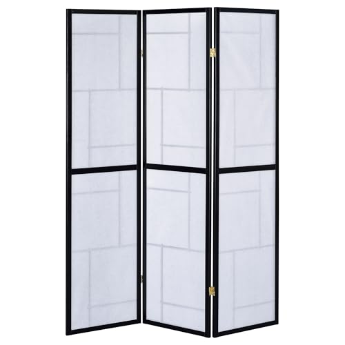 Coaster Home Furnishings - Damis - Solid Wood - 70-Inch 3-Panel Room Divider Folding Shoji Screen with White Paper Panels and Geometric Design - Living Room & Bedroom - Black and White - 900102