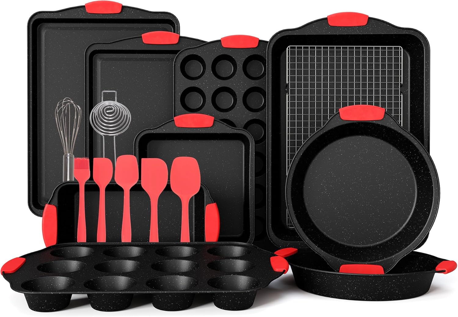 MAISON ARTS 18-Piece Nonstick Carbon Steel Baking Pans Set, Black Stackable Bakeware Sets for Cooking, 500°F Oven Safe, Cookie Sheets, Loaf, Muffin, Pizza, Pie, Round/Square Pans with Silicone Grips