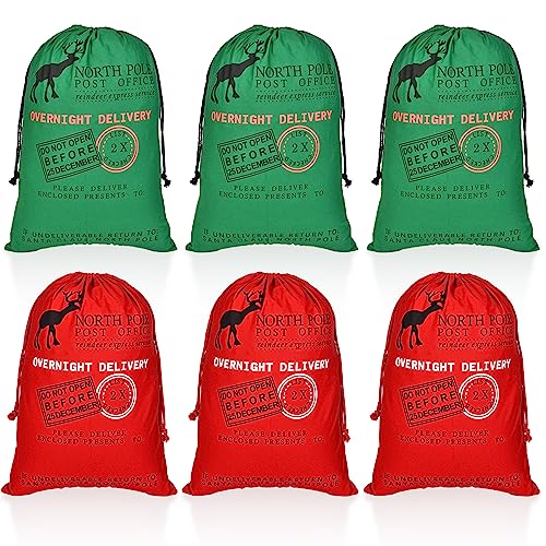 6 Packs Santa Sack - Large Cotton Canvas Christmas Bag With Drawstrings, Reusable Gift Sack, Xmas Candy Stocking Storage, Party Supplies, Presents Favors - 27.5