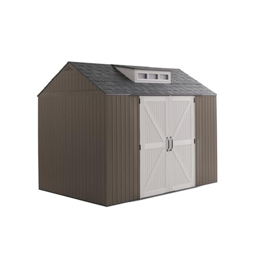 Rubbermaid Resin Outdoor Storage Shed With Floor (7 x 7 Ft) Weather Resistant Gray Organization for Home/Backyard/Garden Tools/Lawn Mower/Bike Storage/Pool Supplies