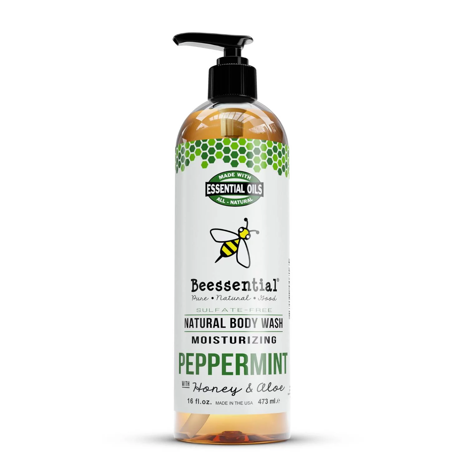 Beessential Natural Body Wash, Peppermint, Sulfate-Free Bath and Shower Gel with Essential Oils for Men & Women, 16 oz