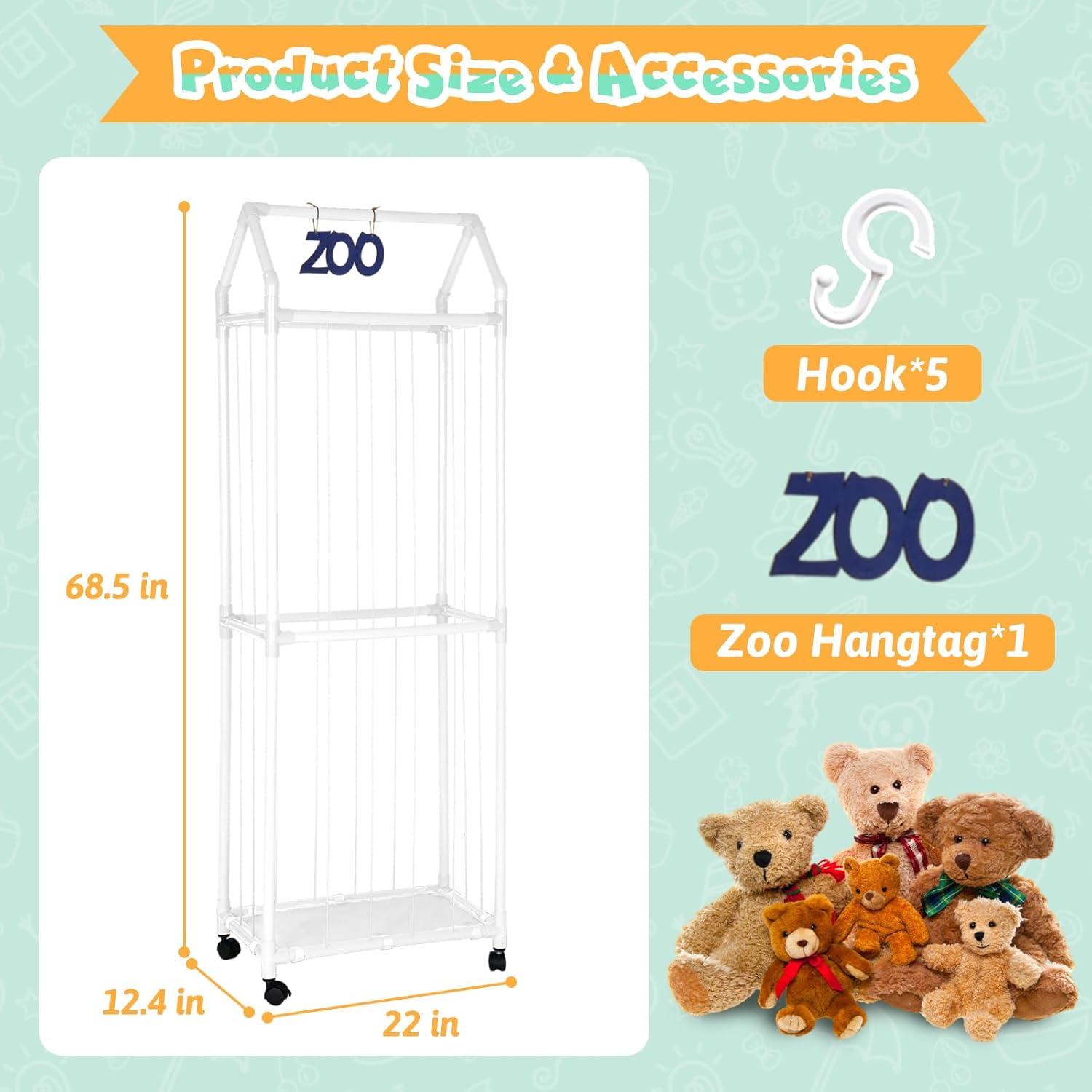 Stuffed Animal Storage Zoo Stuffed Animal Holder Space Save Vertical Stuffed Animals Storage PVC with Elastic Band and Net for Playroom Birthday Gift for Bedroom（white）