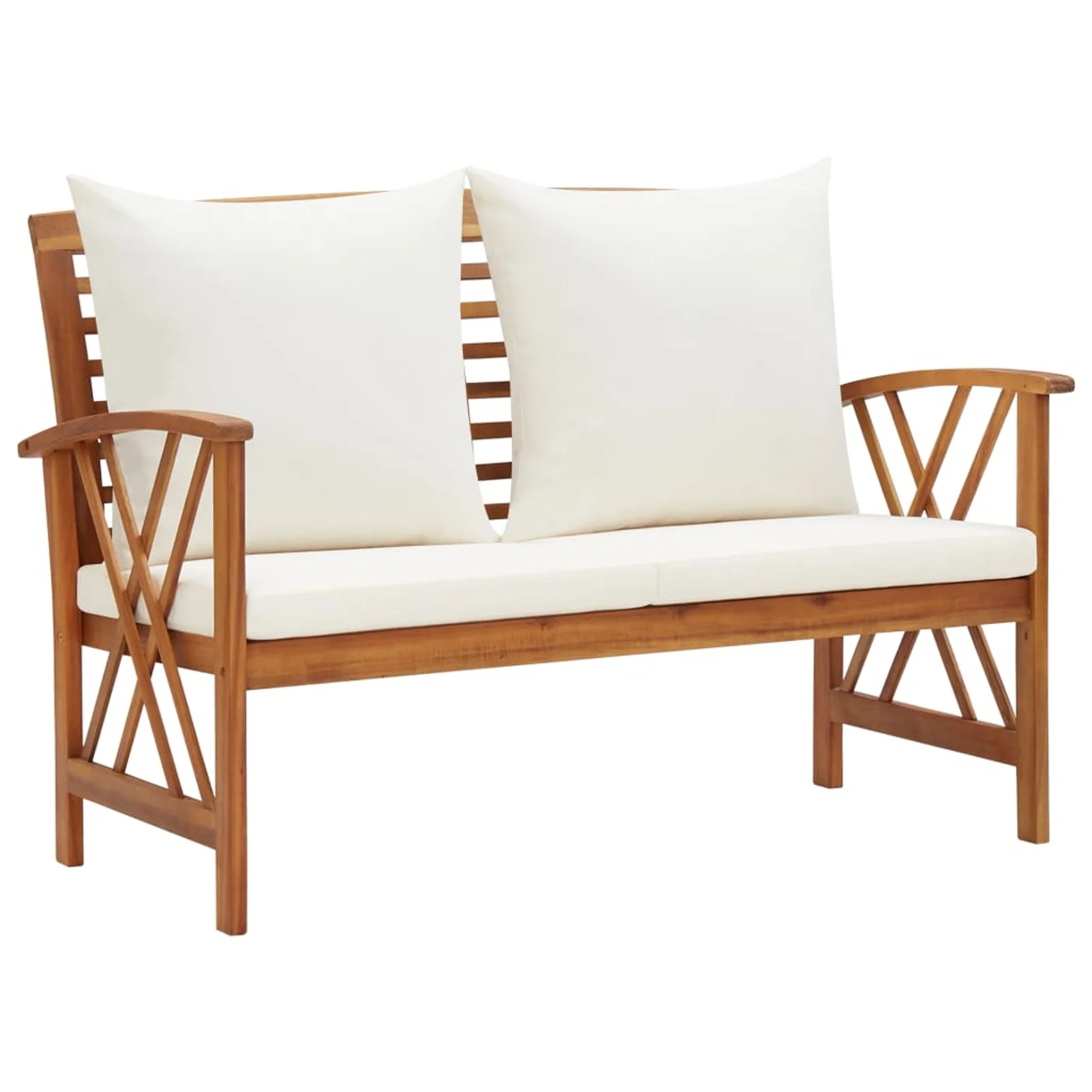 Dcenta Garden Bench with White Cushion and Pillow Acacia Wood Porch Chair Wooden Outdoor Bench for Backyard, Balcony, Park, Lawn Furniture 46.9 x 26.4 x 32.7 Inches (L x W x H)