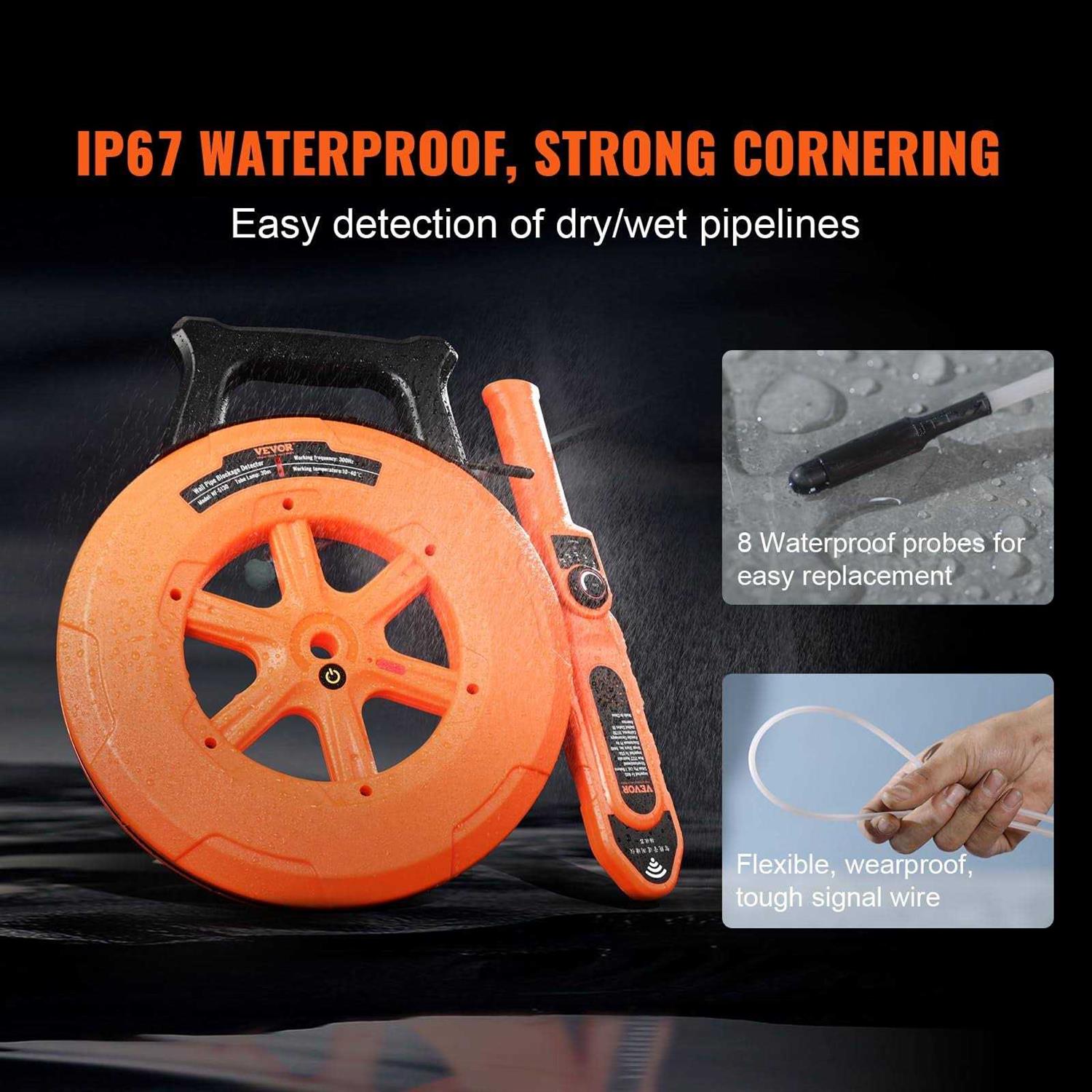 VEVOR Pipe Blockage Detector Locators 100ft/30m Waterproof for Pvc Plastic Metal