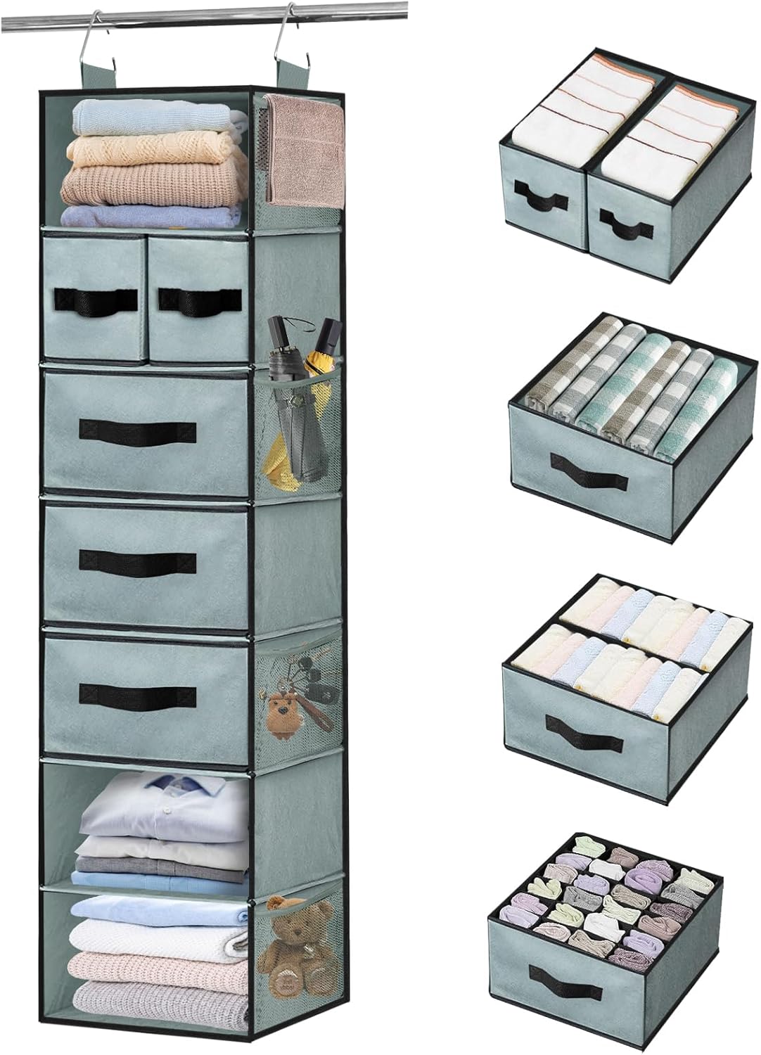 VERONLY Hanging Closet Organizer 7 Shelves, Closet Organization and Storage with 5 Different Drawers, 6 Side Pockets Wardrobe Clothes Organizer for Closet, Grey