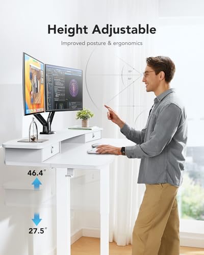 HUANUO 48″ x 24″ Electric Standing Desk with 2 Drawers, C-Clamp Mount Compatible, Height Adjustable Computer Desk, Home Office Stand Up Desk with 4 Preset Heights & 2 Hooks, Black