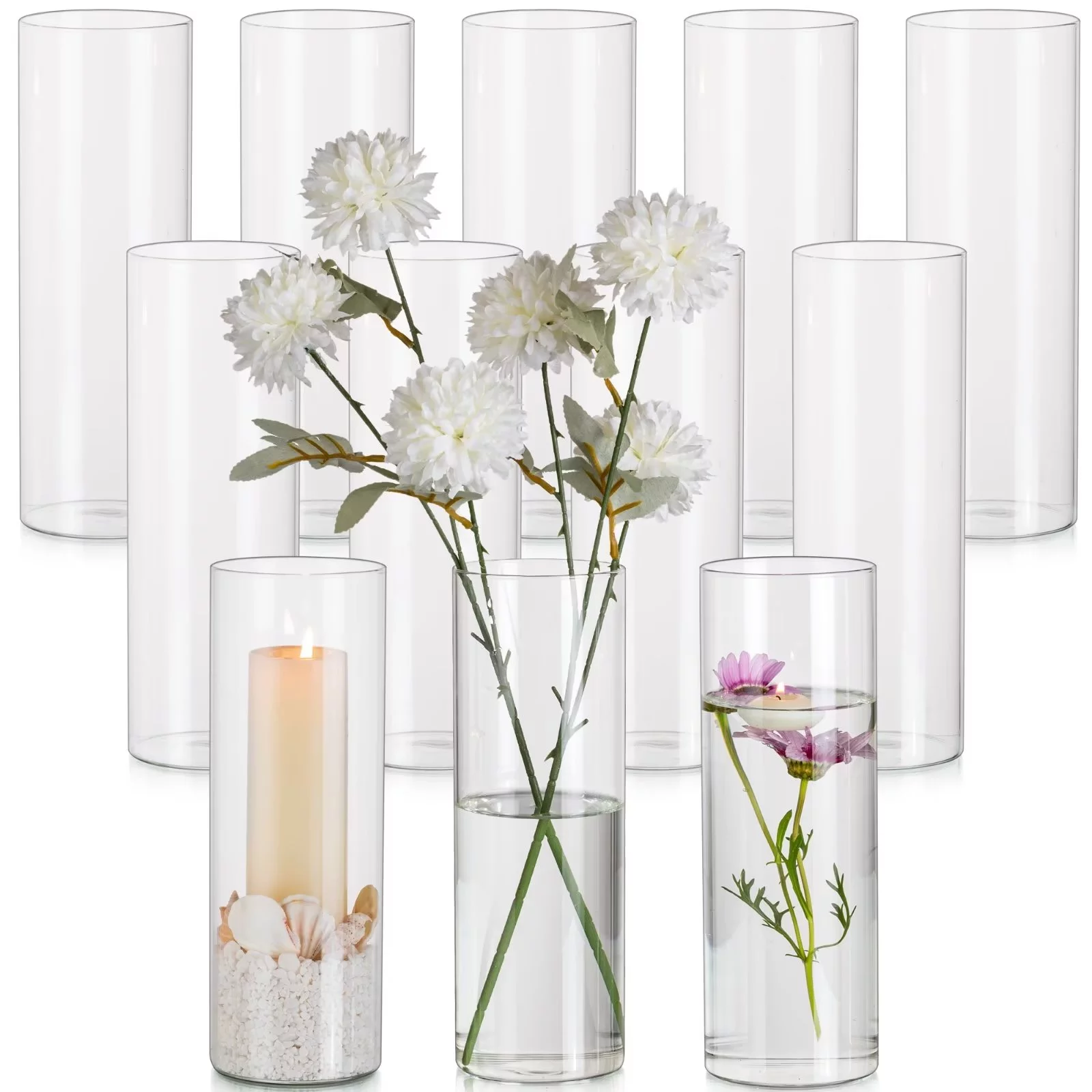 Glasseam 3.3x10 Inch Glass Cylinder Vases Set of 12 Clear Floating Pillar Candle Vase in Bulk for Centerpieces