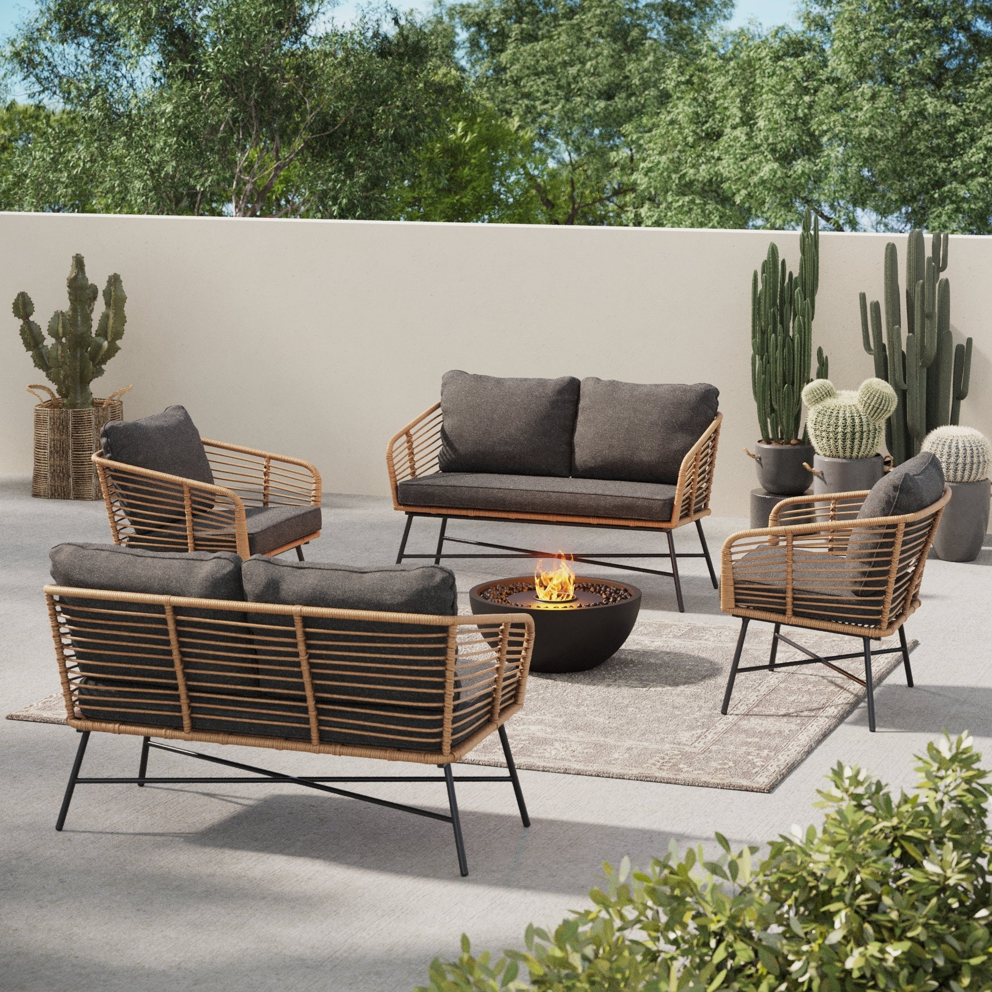 Nathan James Flow Bohemian 4-Piece Wicker Furniture Set, Rattan Patio Conversation Set with Cushions, Rattan/Black