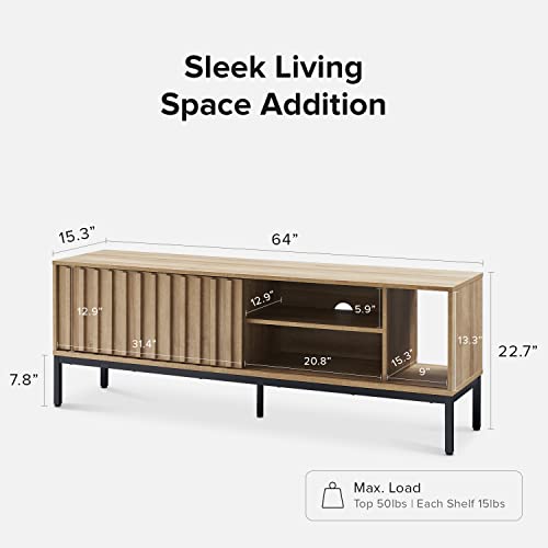 mopio Norwin TV Stand, Rustic Modern Industrial Television Stand for 60/65/70 inch TV, Fluted Entertainment Center with Storage, Wood Media Console Credenza Cabinet Table for Living Room (Oak 64