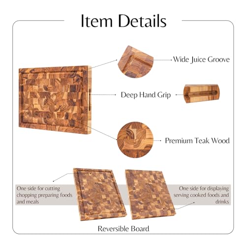Large End Grain Butcher Block Cutting Board, Thick Teak Wood Cutting Board, Big Reversible Wooden Chopping Serving Board with Juice Groove, 16 x 12 x 1.5 inch