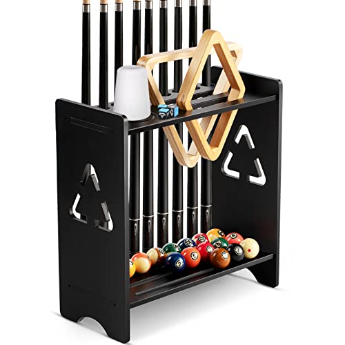Pool Cue Stick Holder - Floor Stand Billiards Rack Oak Solid Wooden Holds 9 Cues and Pool Table Accessories Organizer