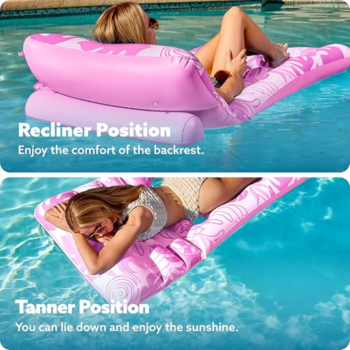 SLOOSH Adjustable Backrest Pool Floats - Tropical Leaves Pool Lounger Floaties Adults with Cup Holders, Inflatable Tanning Float Rafts Chair Beach Lake Lounge Floating Above Water Keep Cool (Blue)