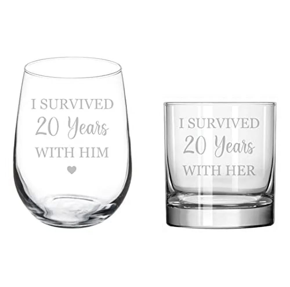 Set of 2 Glasses Stemless WINE & ROCKS Whiskey Gift I Surived 20 Years 20th Anniversary