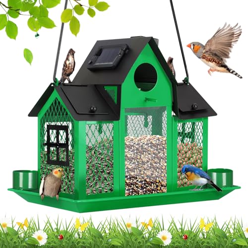 Solar Bird Feeders House for Outside Hanging, Metal Wild Bird Feeder for Outdoors, Large Cardinal Bird Feeder Birdhouses Squirrel Proof (Blue)