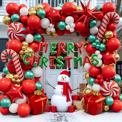 AobkDeco 143 Pcs Christmas Balloon Garland Arch Kit-Merry Christmas Banner and Red White Gold Metallic Green Cane Balloons Candy Foil Balloons Gift Box Balloons for Xmas Party Decorations