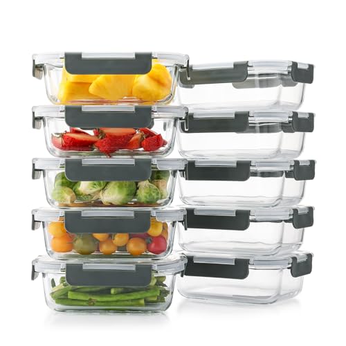 10 Pack 22 Oz Glass Meal Prep Containers with Lids, Reusable Glass Food Storage Containers with Lids, Leak Proof, Microwave, Oven, Freezer and Dishwasher Safe (Gray)