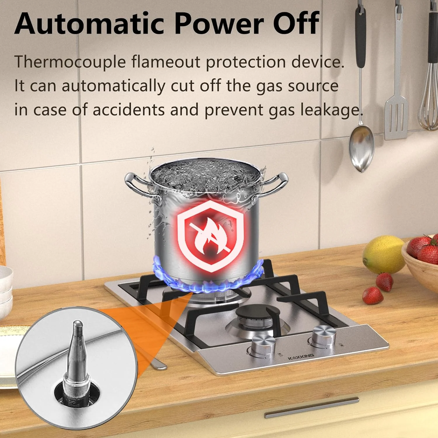 KOXKING 2 Burner Gas Cooktop, 12 Inch NG/LPG Dual Fuel  Gas Stove Top, Stainless Steel Propane Cooktop with Thermocouple Protection, Bulit-in Gas Hob