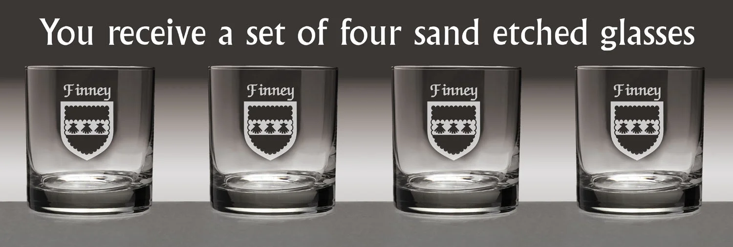 Finney Irish Coat of Arms Tumbler Glasses - Set of 4 (Sand Etched)