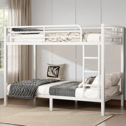Twin XL Over Twin XL Bunk Bed, Metal Bunk Bed Frame Heavy Duty Bunk Beds Loft Bed Frame with Ladder and Guardrail Metal Slats No Box Spring Required for Adults Teens, Black