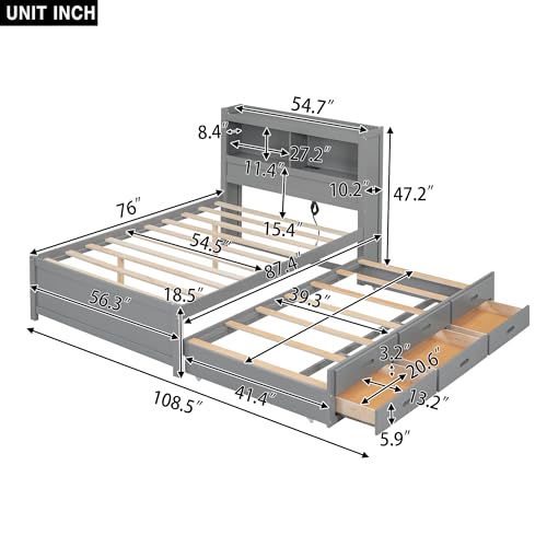 Full Size Storage Bed with Bookcase Headboard and Trundle, Wood Platform Bed Frame with Charging Station, Pull Out Shelves and Drawers for Kids Teens Adults, No Box Spring Needed,White