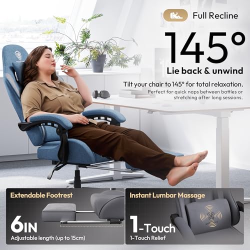 Dowinx Gaming Chair Fabric with Pocket Spring Cushion, Massage Game Chair Cloth with Headrest, Ergonomic Computer Chair with Footrest 290LBS, Black Green