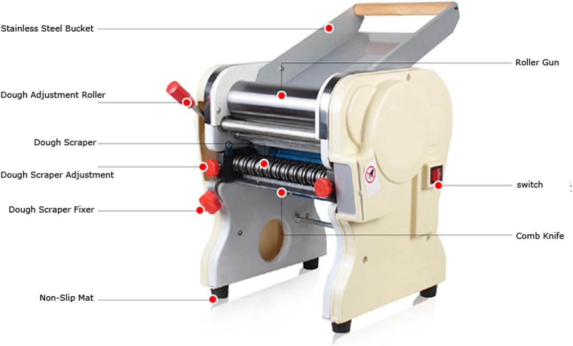 INTBUYING 110V Thickness Adjustable Pasta Maker Noodle Machine 550W Electric Stainless Steel Noodle Machine with 3mm Round Knife Noodles For Home and Business Use